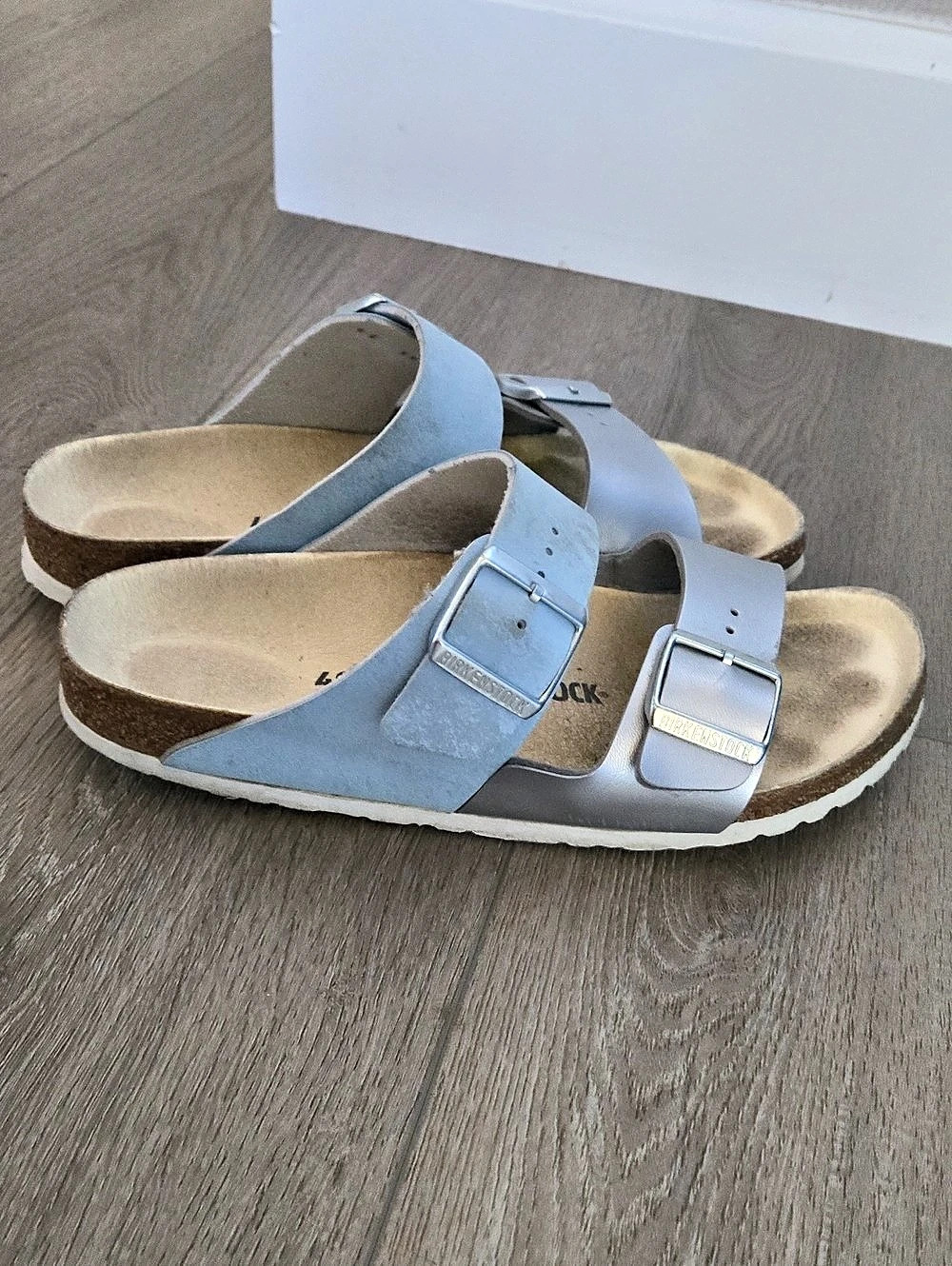 Birkenstock Arizona Washed Metallic Blue Silver Sandals EU 40